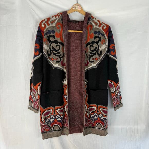 MAXSPORT Boho Open Cardigan Sweater Coat Hooded Size Small Paisley Black - Picture 1 of 8